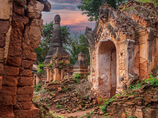 Ruins and remains of ancient Buddhist pagodas and stupas at Indein Village