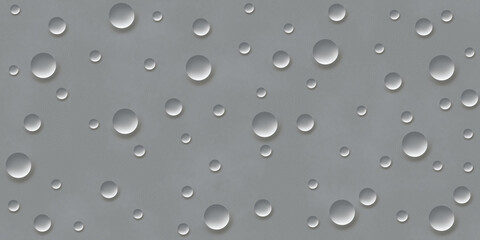 Water drops on a gray lather texture  background. Round raindrops with shadows, inclined surface. illustration