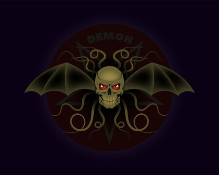 Vector volumetric creepy demon emblem or sticker. Human scary skull with red glowing eyes, bat wings and long thin writhing tentacles. Cthulhu or kraken monster