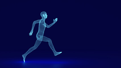 Fototapeta na wymiar Wire frame human full body in virtual reality. Medical blue print scanned 3D model. Polygonal technology design. Sprinter Running figure, 3d rendering.