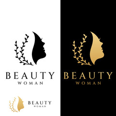 Silhouette beautiful woman face with leaves, logo for women's salon and skincare. Vector logo design template.