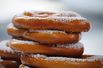 New York City pretzels with course salt for sale from a street vendor in Manhatten New York.