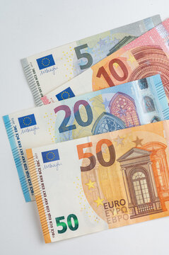 5, 10, 20, 50 euro banknotes. Money on white background