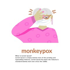 Elderly woman wearing a mask, holding her head. Monkeypox virus is a zoonotic viral disease that can infect humans, nonhuman primates. Monkeypox. Vector illustration.