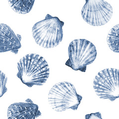 Watercolor sea shells seamless pattern. Hand drawn ocean background