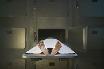 Body of dead man in open cell in hospital morgue - 3d rendering - obrazy, fototapety, plakaty