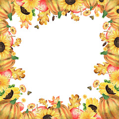 Garden frame with sunflowers, maple and oak leaves, acorns, apples, pumpkins and marigold with a butterfly. Autumn harvest. Thanksgiving. Hand-drawn watercolor illustration. 