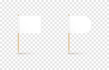 Vector set of realistic toothpicks png. Toothpicks with a white flag on an isolated transparent background. Rectangular, triangular, flags on a wooden stick png.