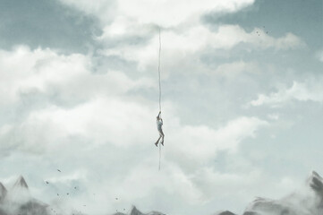 Illustration of man climbing a rope in the sky, ascension surreal abstract concept © fran_kie