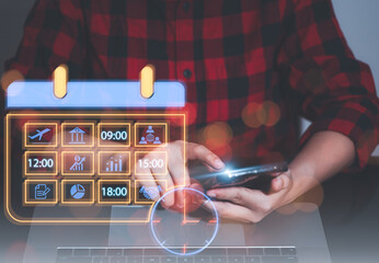 Calender Planner Organization Management Remind Concept,Person using calendar on computer to improve time management, plan appointments, events, tasks and meetings efficiently, improve productivity.