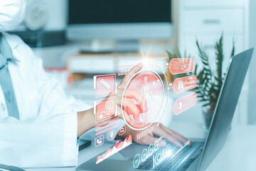 Medicine doctor touching screen with digital healthcare and network connection and hologram modern virtual screen interface icons, Medical technology and futuristic concept.