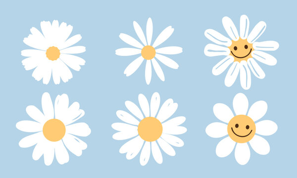 Set of daisies on blue background vector. Cute hand drawn flower.