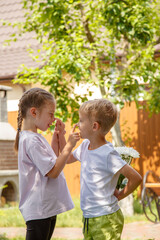 A six-year-old boy gives a girl a bouquet of flowers. Sunny day, in the garden the boy gives a bouquet of daisies to the girl.