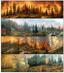 Fire in the forest.  Burning Fantastic Epic Magical Forest Landscape. Summer beautiful mystic nature. Celtic Medieval RPG background. Rocks and green trees.  Sky with clouds. 