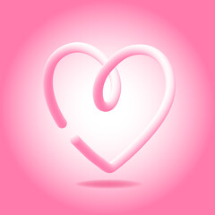 Vector illustration of realistic pink heart on white isolated background. Pink 3d heart, hand-drawn with volumetric line. Volumetric heart figure, symbol of love, valentine's day, holiday decoration.