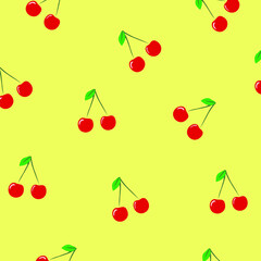 Seamless pattern background, small cherry red stickers same sizes ripe berries.Yellow background