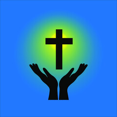 hand and cross with yellow light. vector illustration