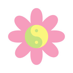 Flower with yin yang symbol in pastel pink yellow green color. Vector illustration isolated on white background. Cute y2k clip art, design element. - obrazy, fototapety, plakaty