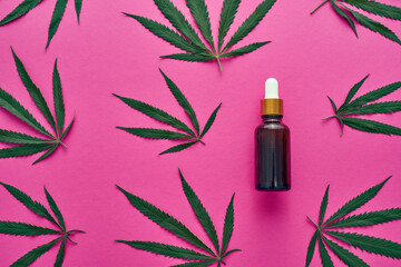 Marijuana leaves and oil on pink background