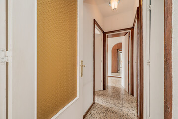 Hallway of a residential house with vintage terrazzo flooring and white painted wooden doors