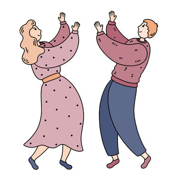 Dance pair, man and woman, dancing together. Retro cartoon style. Flat vector illustration