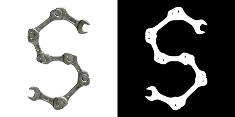 Letter S made of used metal wrenches, isolated on white with clipping mask, 3d rendering