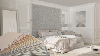 Color palette close up sample. Paint selection catalog over interior design scene, classic bedroom with modern furniture, parquet, velvet double bed with pillows and duvet