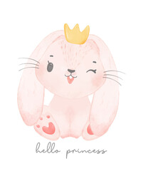 cute baby bunny rabbit wears crown, hello princess, watercolor wildlife nursery animal hand drawn vector