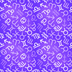Zodiac signs lilac seamless pattern. Astrology, horoscope. Vector illustration