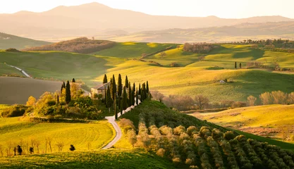 Fotobehang San Quirico d& 39 Orcia, provincie Siena, Toscane, Italië. Boerderij tussen Toscaanse heuvels tijdens de oogstperiode. © onurcepheli