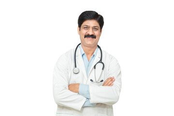 Fototapeta premium Portrait happy indian male doctor with stethoscope standing cross arms looking at camera, healthcare and medical concept.