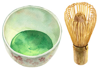 水彩　抹茶の茶碗と茶筅