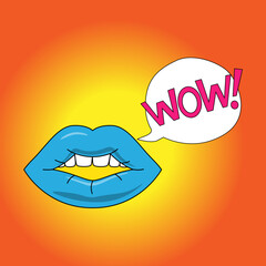 Pop art. Female lips. Glamour woman with speech bubble. Wow saying. Trendy girl face part. Sexy smile. Kissing sensual mouth. Blue lipstick. Bright makeup. Vector comic retro background