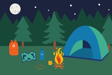 Camping in forest. Night nature landscape. Touristic tent and campfire. Travel map. Backpack and mug. Nighttime campground. Adventure hiking tourism. Vector campsite panorama background