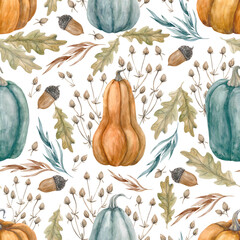 Seamless pattern with the gifts of autumn, pumpkins, acorns, leaves and dried grasses on a white background. Hand-painted in watercolor.