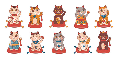 Japanese fortune cat. Maneki neko with money and lucky talismans. Rich kitty in funny collar with bell. Animal toys set. Traditional culture character. Vector cartoon folklore kittens