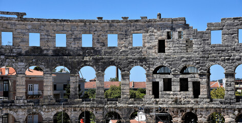 Pula, Croatia - 07 07 2022: Photography of ancient walls and architectural detail of arena in Pula...