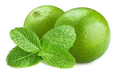 Ripe lime fruits and mint leaves, isolated on white background