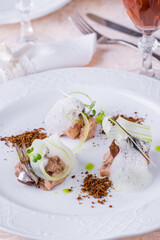 Cod liver with tulle and glass of wine