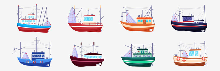 Sea fish boat. Fisherman trawler. Ocean harbor fishery icons. Traditional transportation in water. Fisher motorboats side view. Industrial vessels with fishing tackles. Vector ship set