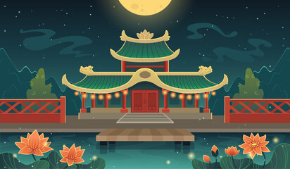 Chinese castle illustration. Japanese shinto shrine at night. Asain ancient building with lotos pond and mountains - obrazy, fototapety, plakaty