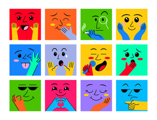 Fototapeta premium Abstract face characters. People avatar with eye mouths. Happy or sad emoji. Humor expressions. Hands gestures. Square cards. Doodle comic elements set. Vector cartoon illustration