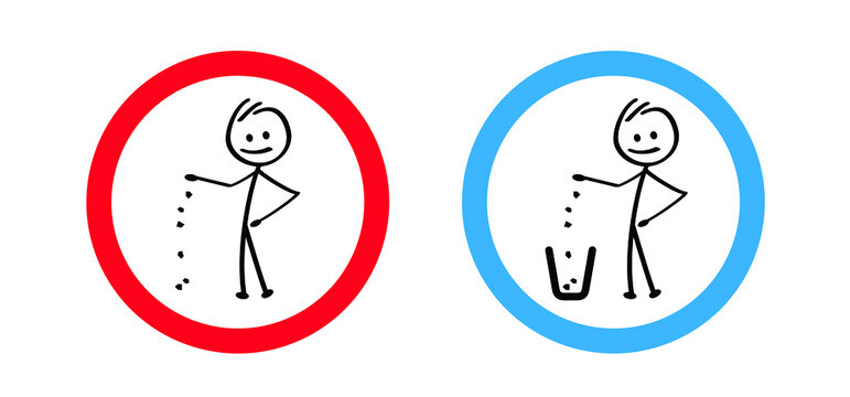 Stop, do not littering. Cartoon drawing stickman, stick figures man with litter basket or litterbin. Clean up and trashcan. Cleaning tools. Vector container logo or pictogram. 