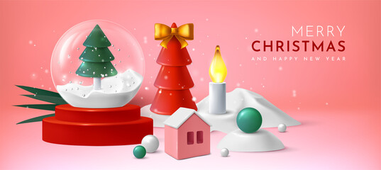 Merry Xmas snow background. 3D New Year globe with fir tree. Christmas celebration. Glass ball and candle. Plastic house. Spruce decoration toys. Holiday snowball. Vector realistic banner