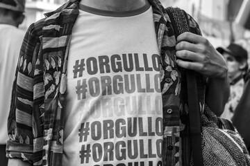 Close up of a a T-shirt with the inscription #ORGULLO (#PRIDE)