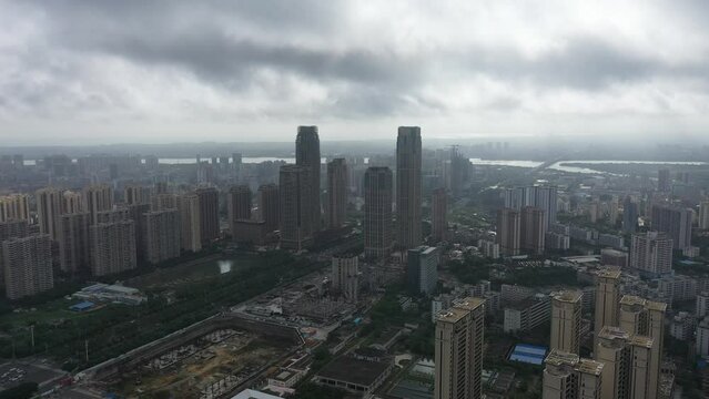 Aerial Video of Central Business District of Haikou City, Hainan Province, the Largest Free Trade Zone in China, Asia.