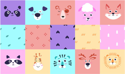 Cute animal pattern. Baby face background for birthday party and nursery decor, forest design, funny monochrome trendy costume. Childish posters doodle style. Vector graphic illustration set