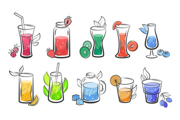 Healthy juice drink set. Blender fresh cocktail in glass cup, nutrition beverage in bottle for bar, delicious fruit food. Vitamin detox, summer lemonade and cold water. Vector doodle icon