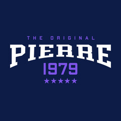 Athletic team state of Pierre, South Dakota. Typography graphics for sportswear and apparel. Vector print design.