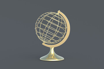 Obraz premium Wire globe of golden color. International communication. Geographic education. Worldwide business. 3d render